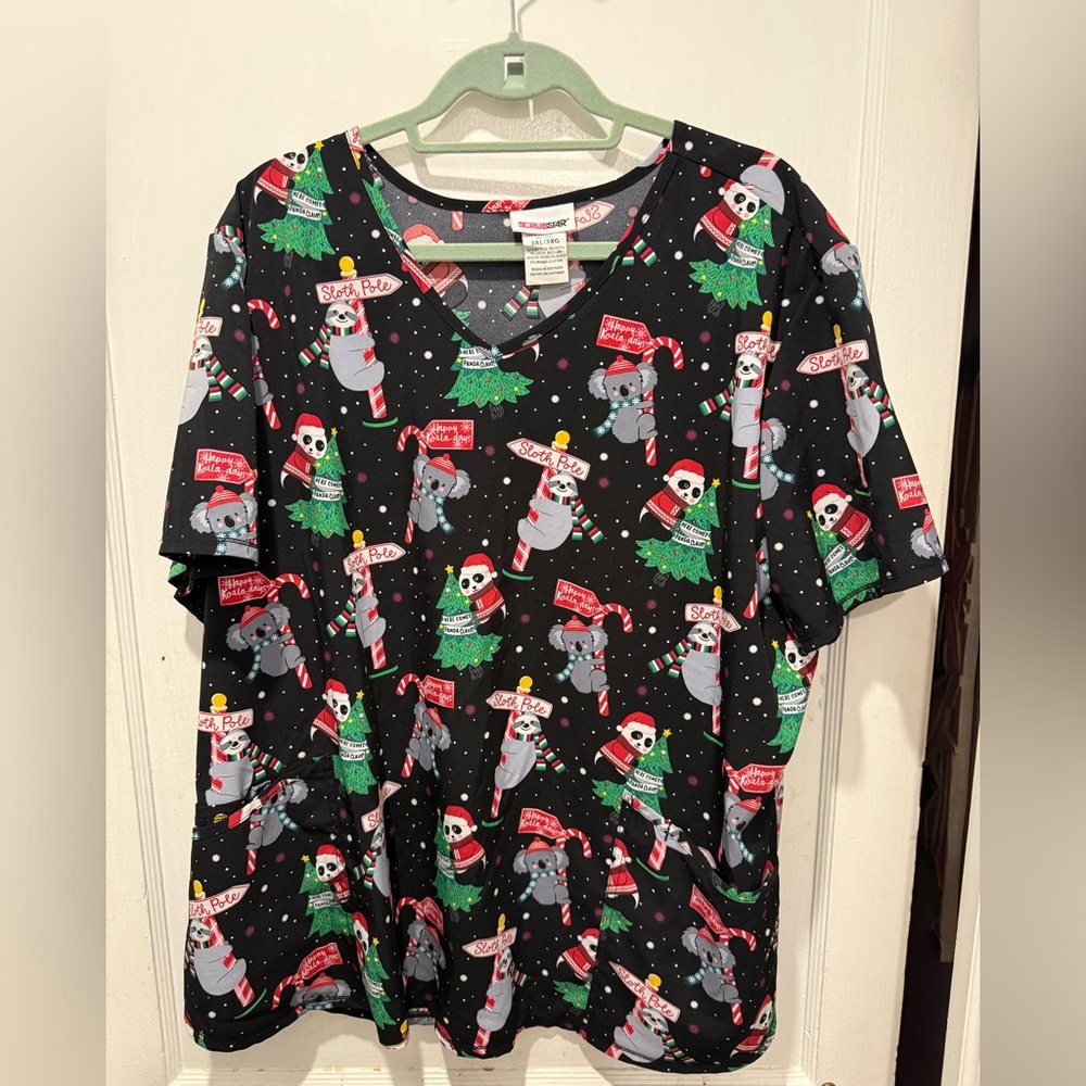 Scubstar Black Christmas Koala/Sloth/Panda Christmas Scrub Top